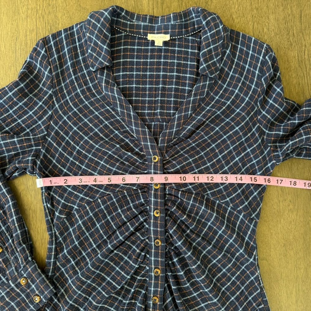 Anthropologie Pilcro Keaton Plaid Ruched Long Sleeve Collared Blouse Blue Sz S - Picture 11 of 15